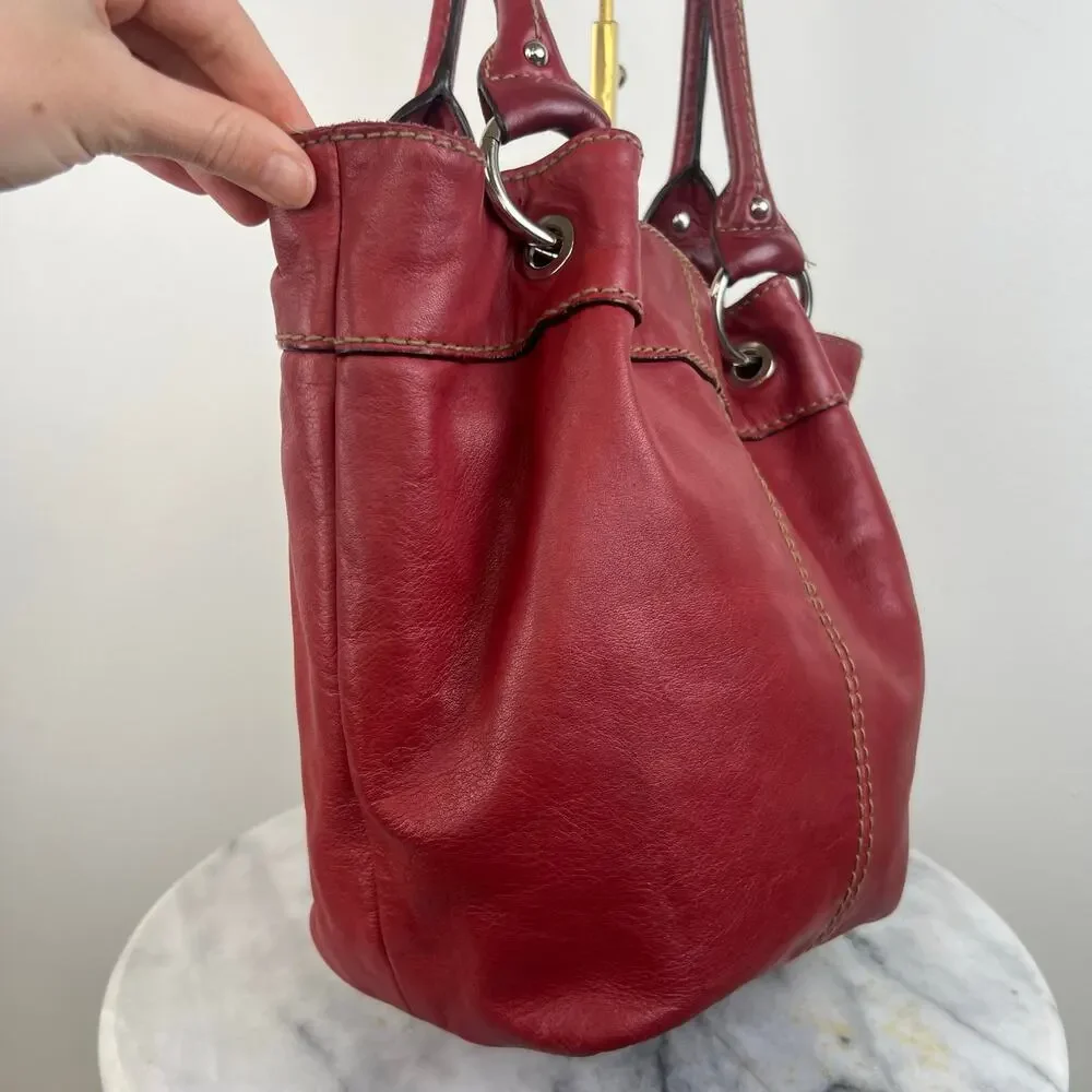 Vintage Tignanello Genuine Red Leather Stitched Silver Accents Shoulder Purse